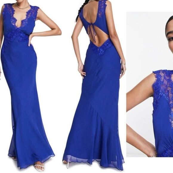 ASOS DESIGN Bias Cut Chiffon Maxi Dress with Applique Lace Blue Size US 8 NWT - Picture 1 of 9